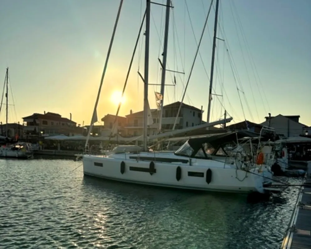 Exterior view of Ecstasea, a Jeanneau Sun Odyssey 440 sailboat at Lefkada, Greece