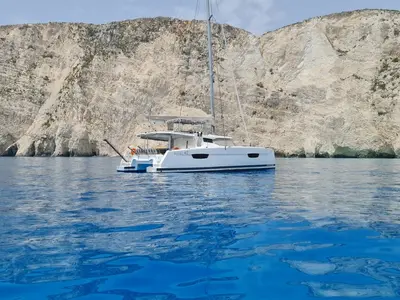 Exterior view of Nostos, a Fountaine Pajot Astrea 42 catamaran at Municipal Unit of Lefkada, Greece