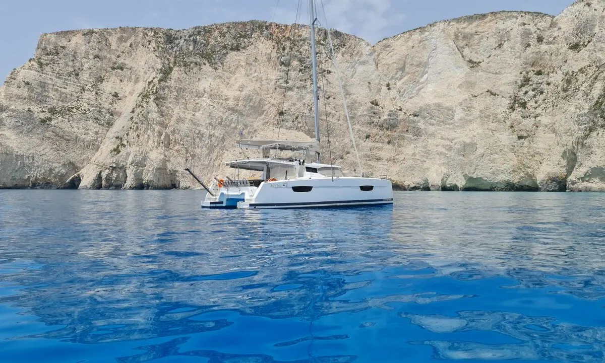 Exterior view of Nostos, a Fountaine Pajot Astrea 42 catamaran at Municipal Unit of Lefkada, Greece