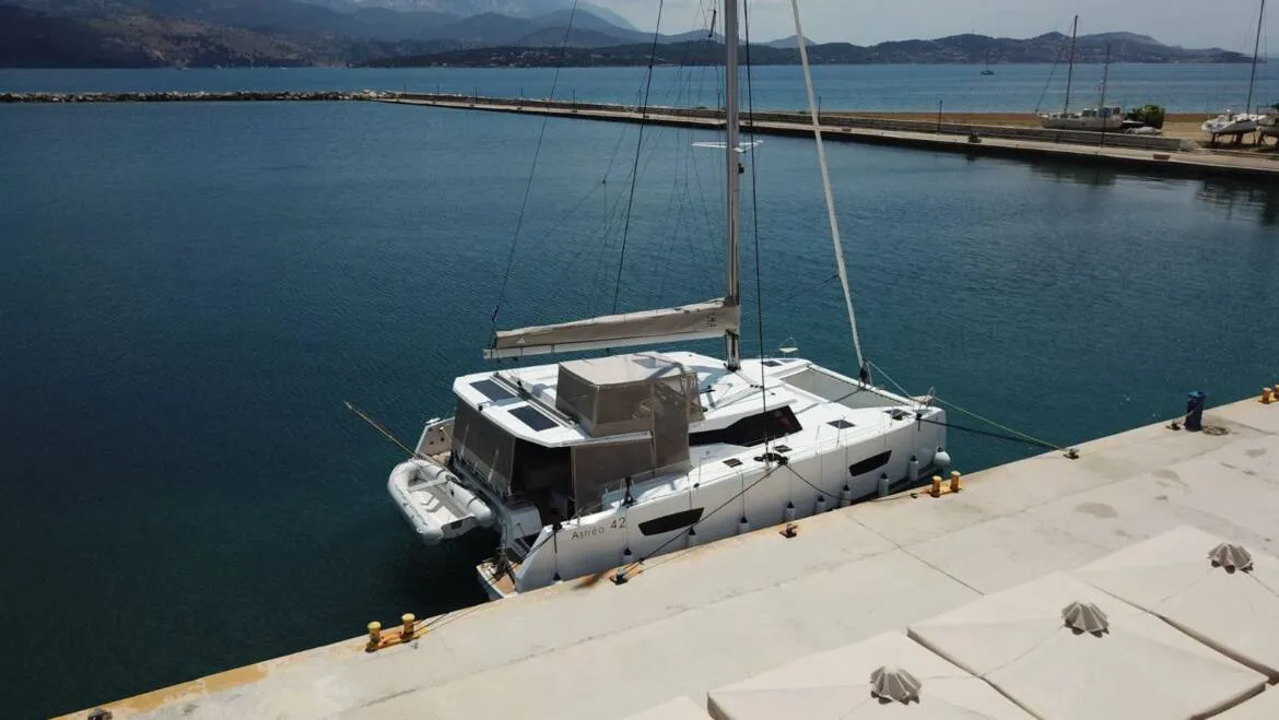 Exterior view of Nostos, a Fountaine Pajot Astrea 42 catamaran at Municipal Unit of Lefkada, Greece
