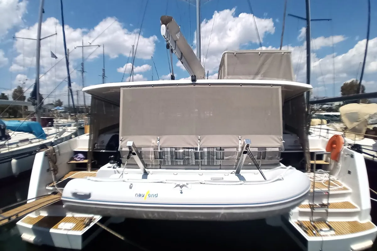 Deck of Nostos, a Fountaine Pajot Astrea 42 catamaran at Municipal Unit of Lefkada, Greece