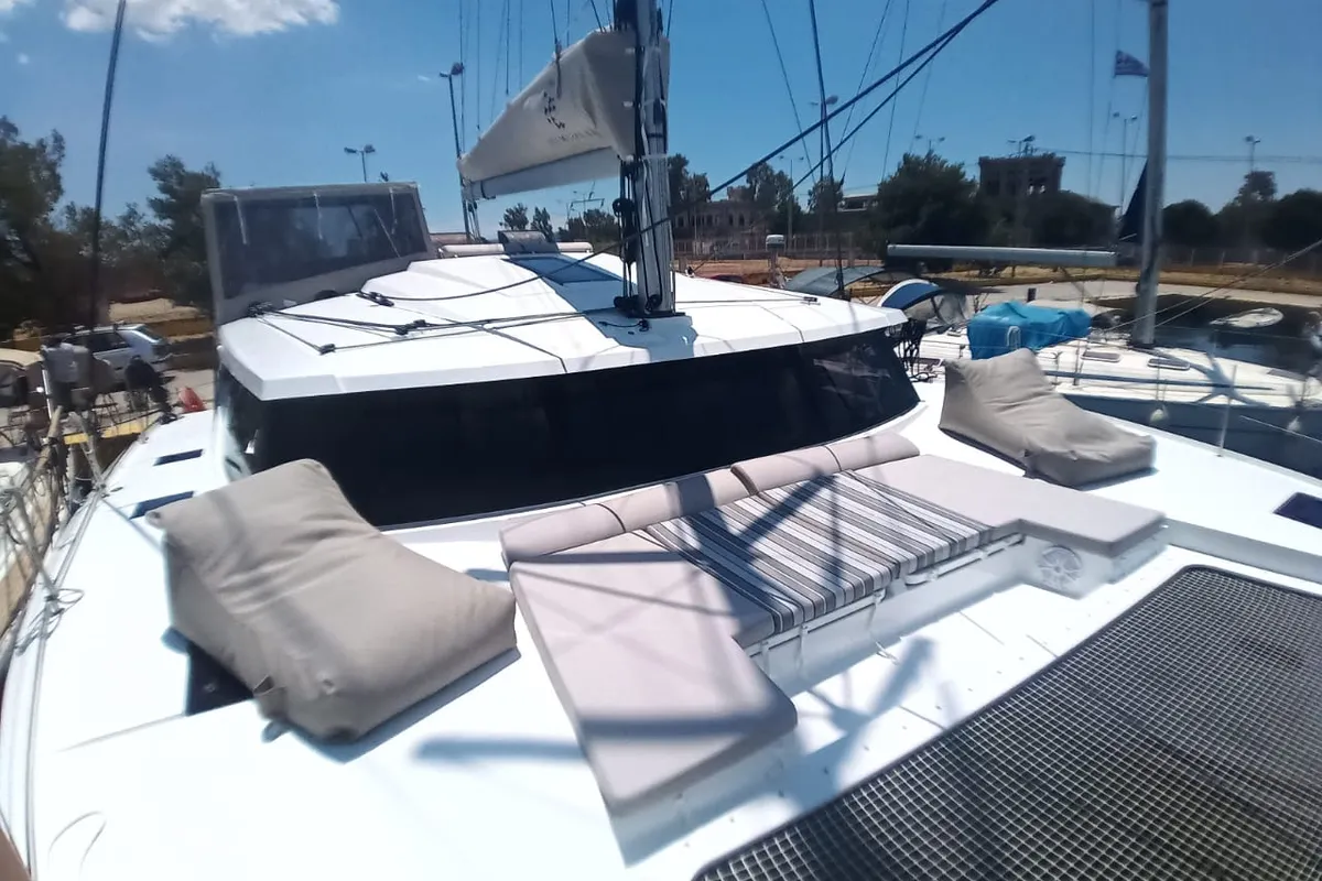 Deck of Nostos, a Fountaine Pajot Astrea 42 catamaran at Municipal Unit of Lefkada, Greece