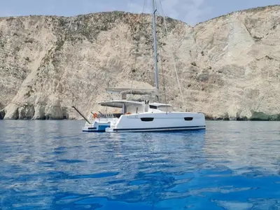 Exterior view of Nostos, a Fountaine Pajot Astrea 42 catamaran at Municipal Unit of Lefkada, Greece