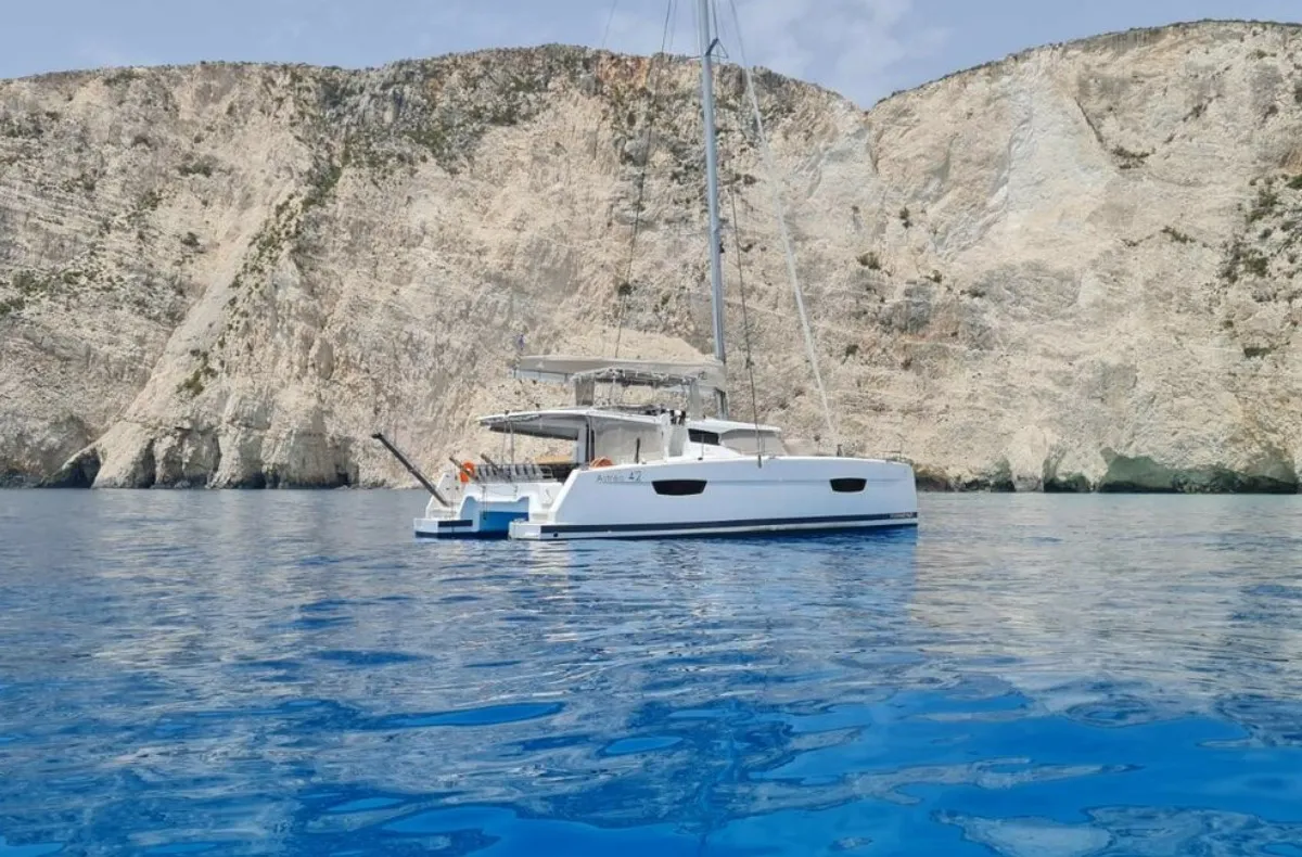 Exterior view of Nostos, a Fountaine Pajot Astrea 42 catamaran at Municipal Unit of Lefkada, Greece