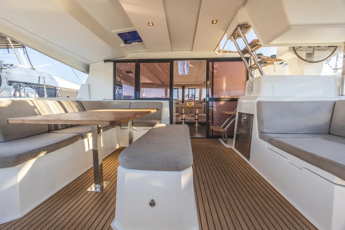 Nostos, a Fountaine Pajot Astrea 42 catamaran at Lefkada, Greece