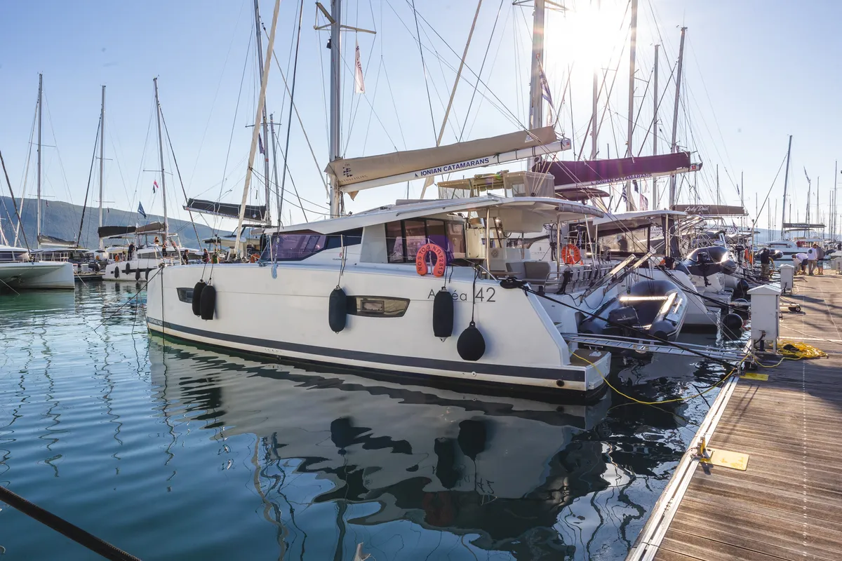Nostos, a Fountaine Pajot Astrea 42 catamaran at Lefkada, Greece