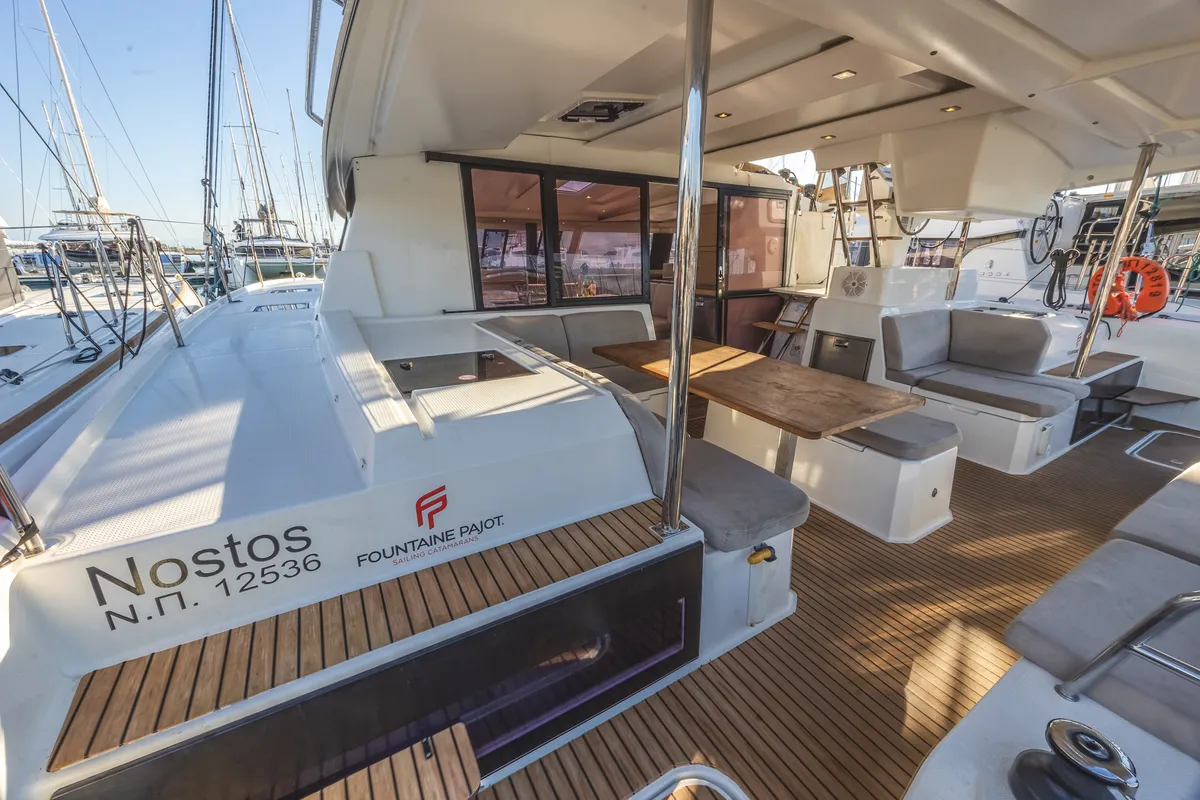 Nostos, a Fountaine Pajot Astrea 42 catamaran at Lefkada, Greece