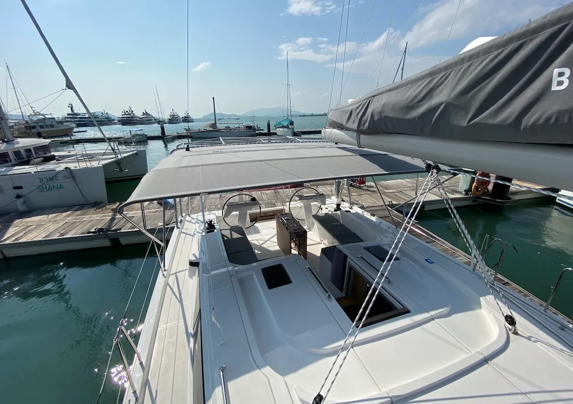Deck of Lady Andaman, a Bavaria C46 sailboat at Mai Khao, Thailand