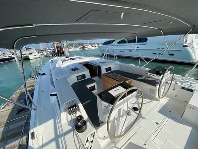 Cockpit of Lady Andaman, a Bavaria C46 sailboat at Mai Khao, Thailand