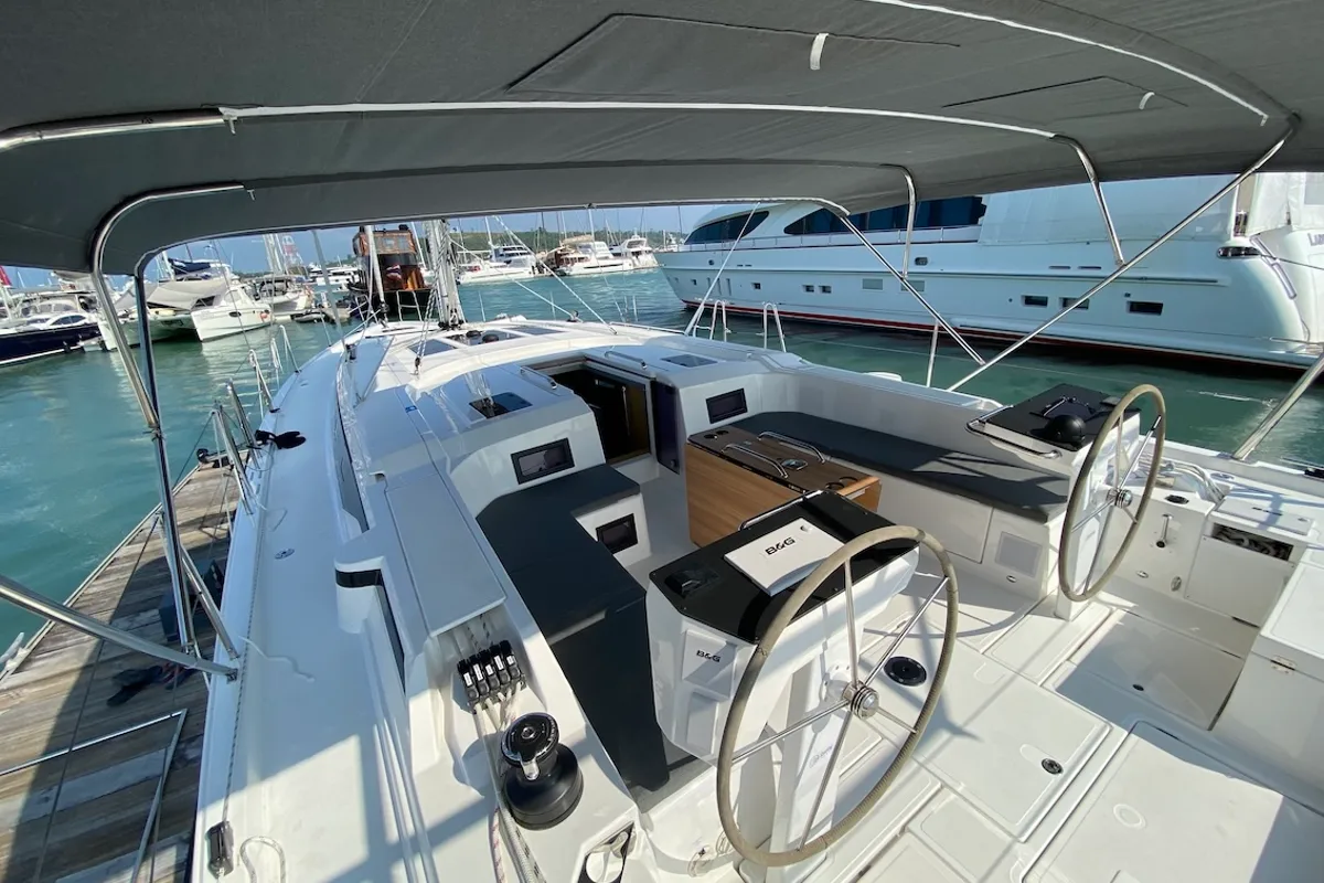 Cockpit of Lady Andaman, a Bavaria C46 sailboat at Mai Khao, Thailand