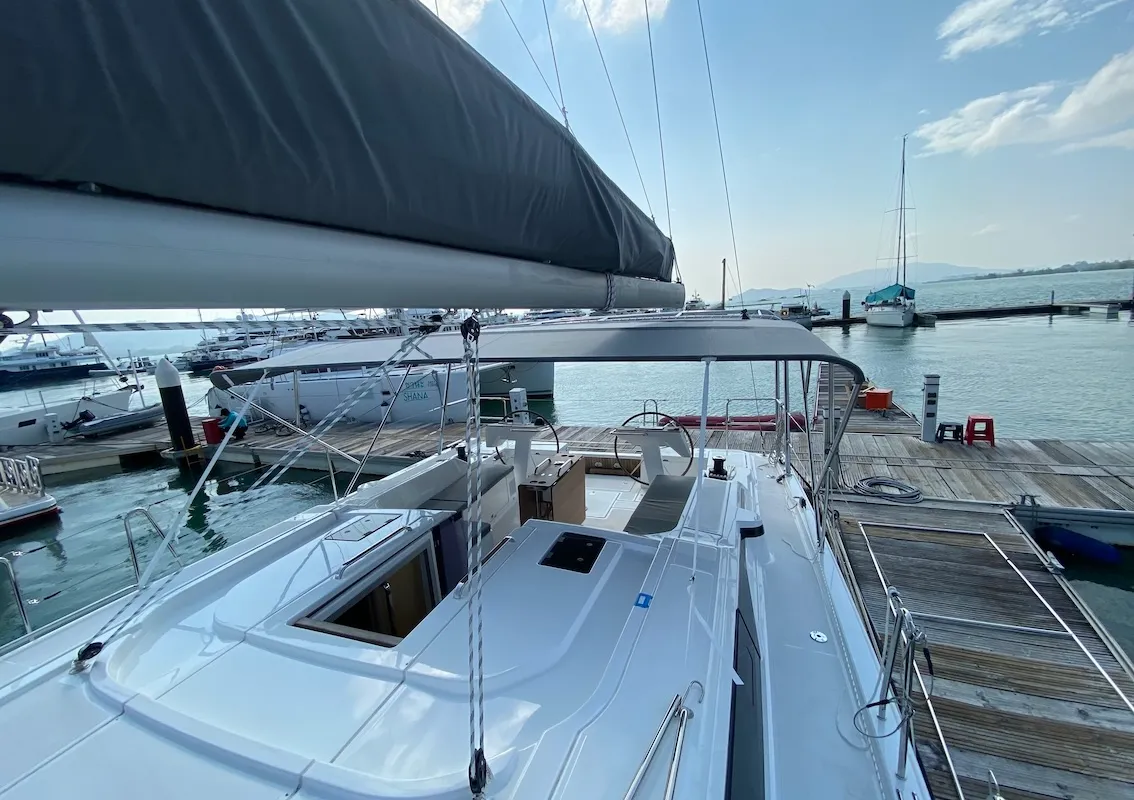 Deck of Lady Andaman, a Bavaria C46 sailboat at Mai Khao, Thailand