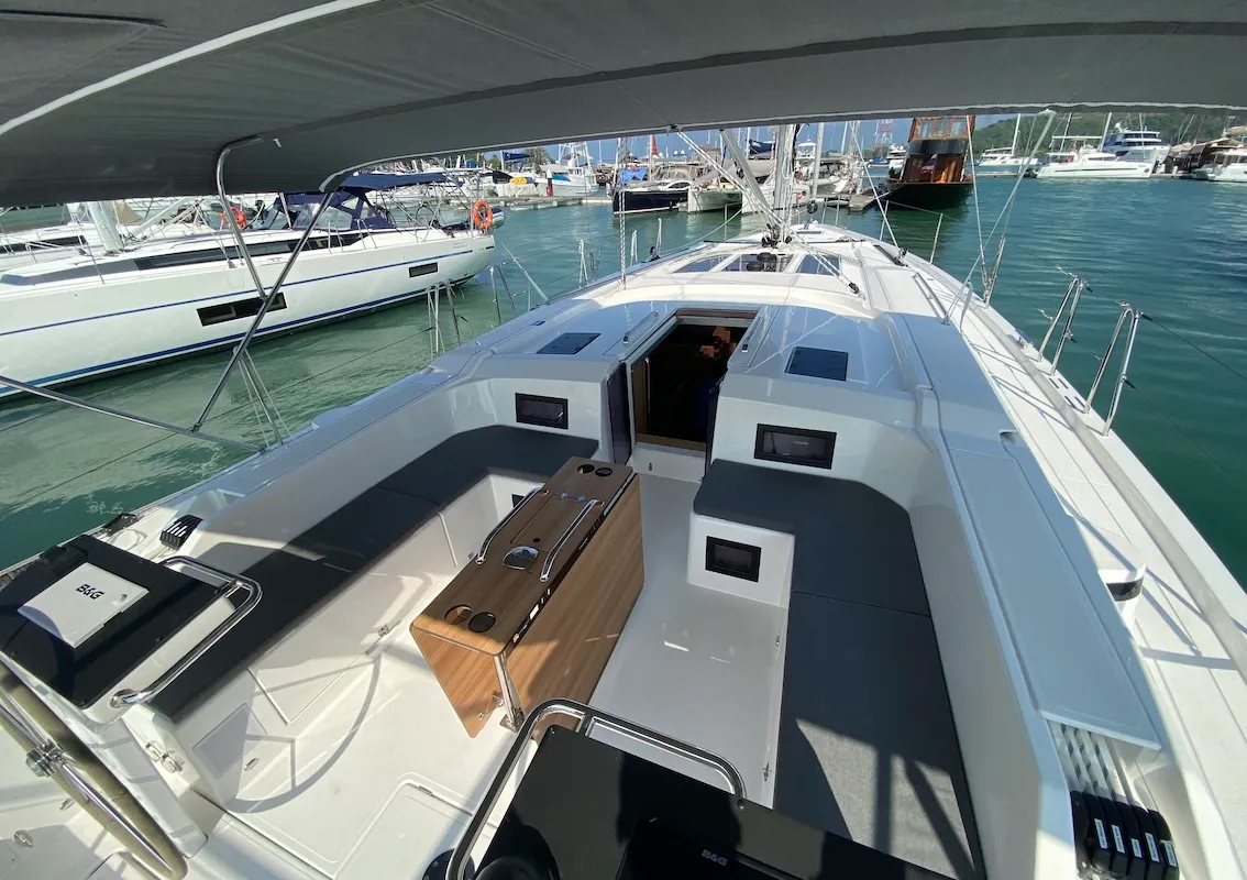 Deck of Lady Andaman, a Bavaria C46 sailboat at Mai Khao, Thailand