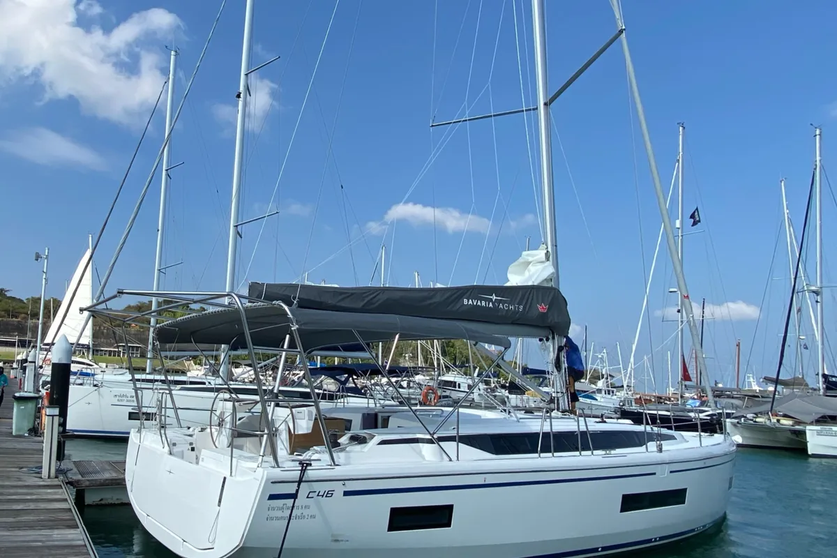 Exterior view of Lady Andaman, a Bavaria C46 sailboat at Mai Khao, Thailand