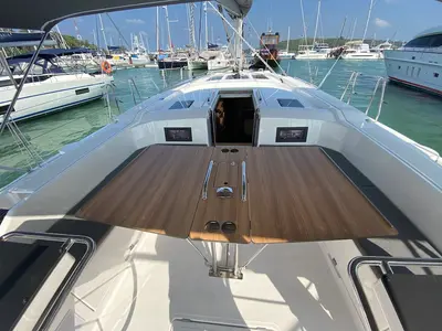Deck of Lady Andaman, a Bavaria C46 sailboat at Mai Khao, Thailand