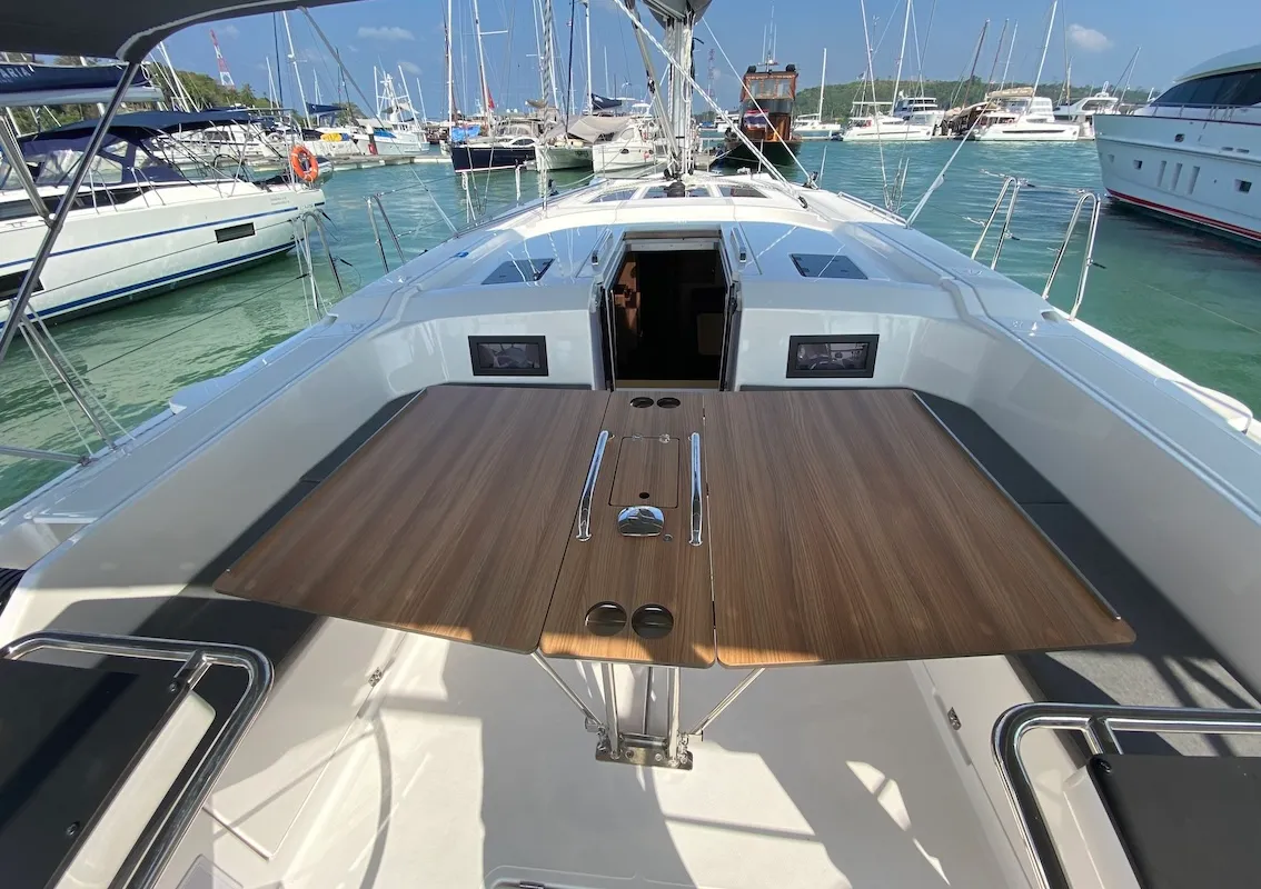 Deck of Lady Andaman, a Bavaria C46 sailboat at Mai Khao, Thailand