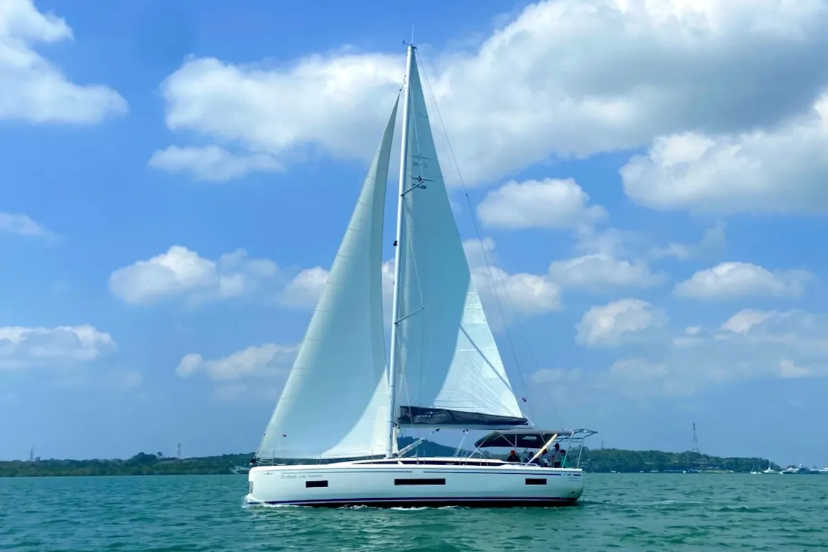 Exterior view of Lady Andaman, a Bavaria C46 sailboat at Mai Khao, Thailand