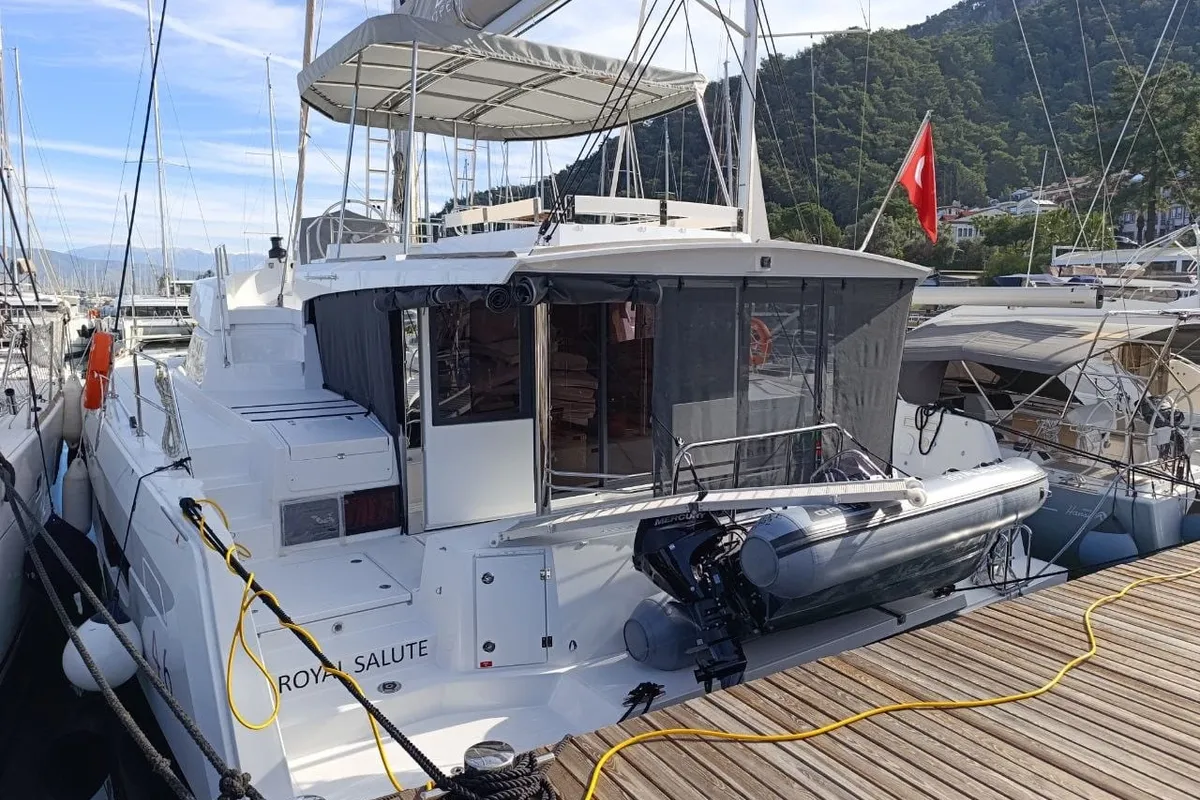 Exterior view of Royal Salute, a Bali 4.6 catamaran at Fethiye, Turkey