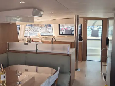 Salon of Royal Salute, a Bali 4.6 catamaran at Fethiye, Turkey
