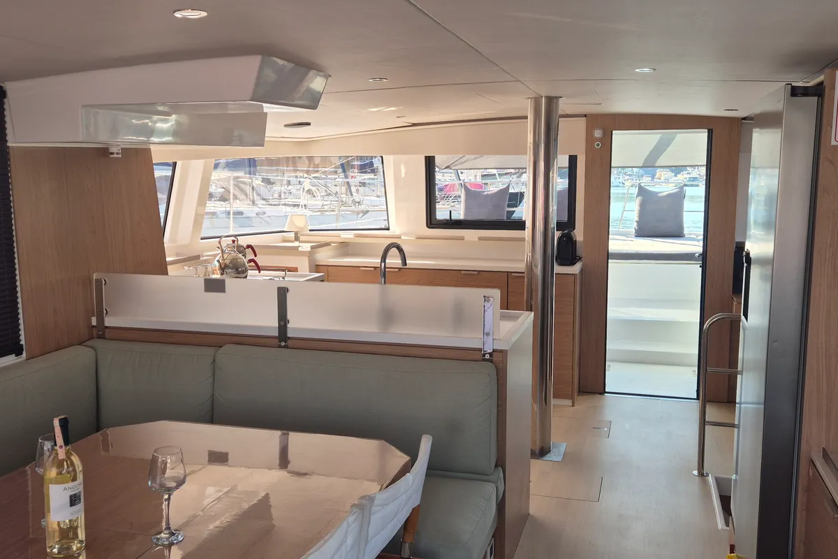Salon of Royal Salute, a Bali 4.6 catamaran at Fethiye, Turkey