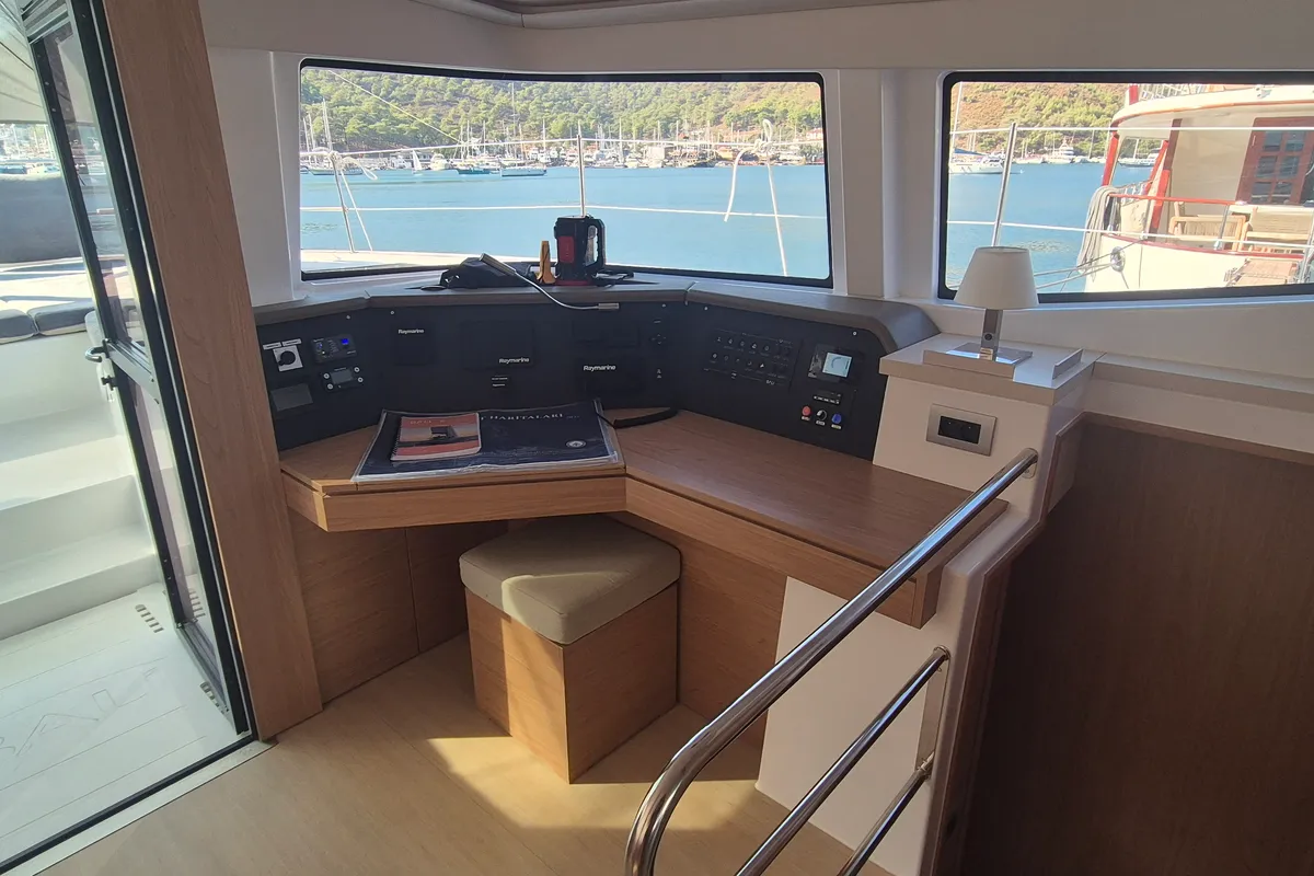 Cockpit of Royal Salute, a Bali 4.6 catamaran at Fethiye, Turkey