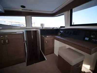 Cockpit of EAGLE, a Bali 4.8 catamaran at Lavreotiki Municipal Unit, Greece