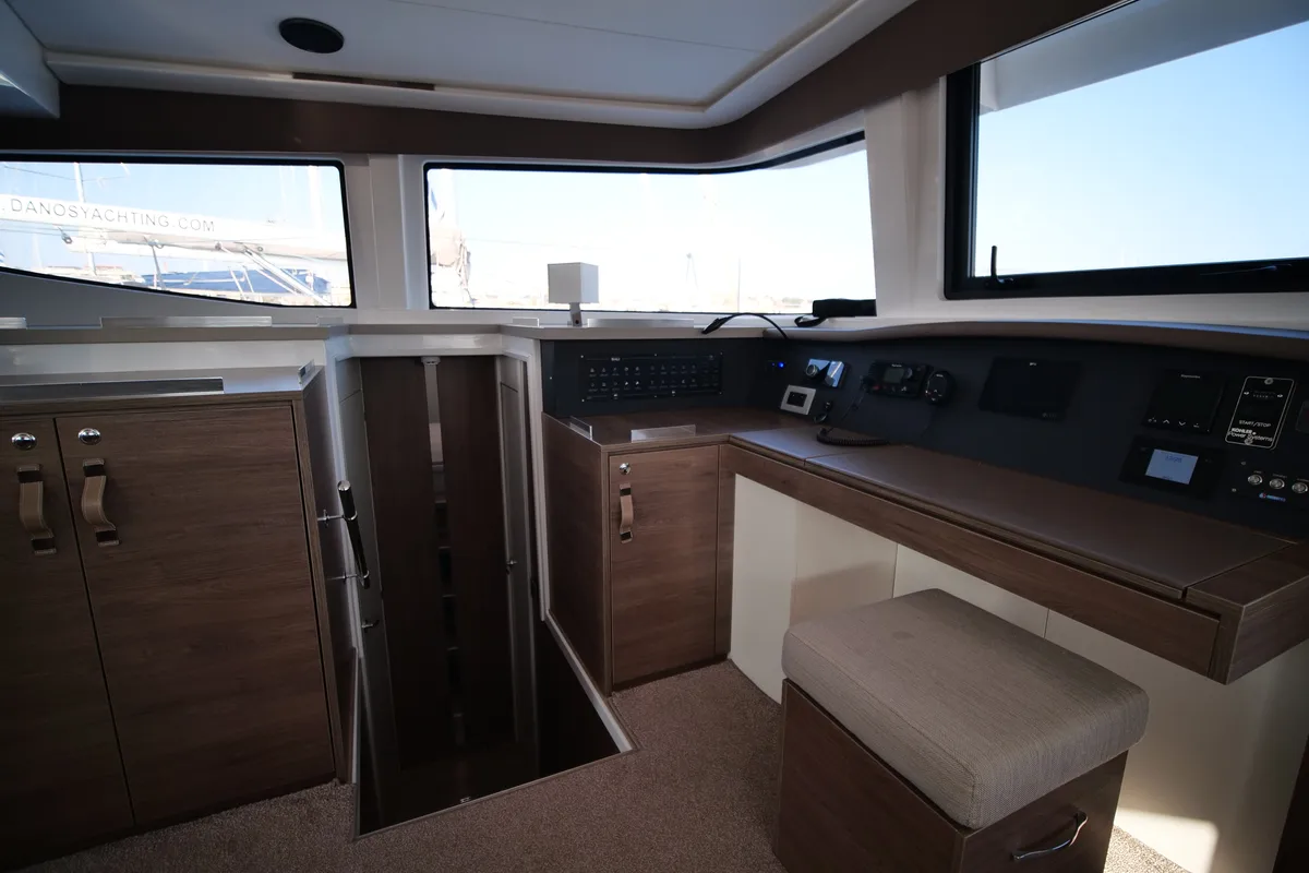 Cockpit of EAGLE, a Bali 4.8 catamaran at Lavreotiki Municipal Unit, Greece