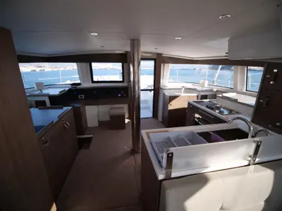 Salon of EAGLE, a Bali 4.8 catamaran at Lavreotiki Municipal Unit, Greece