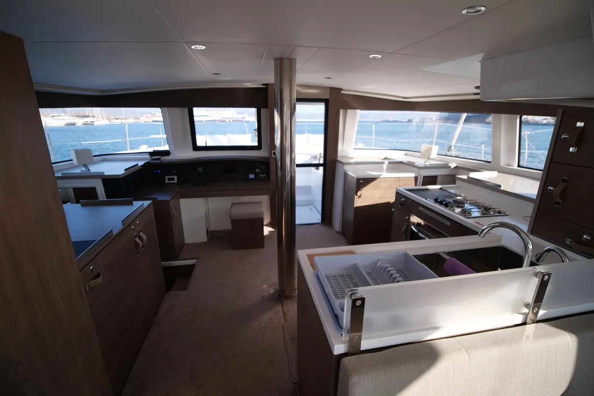 Salon of EAGLE, a Bali 4.8 catamaran at Lavreotiki Municipal Unit, Greece
