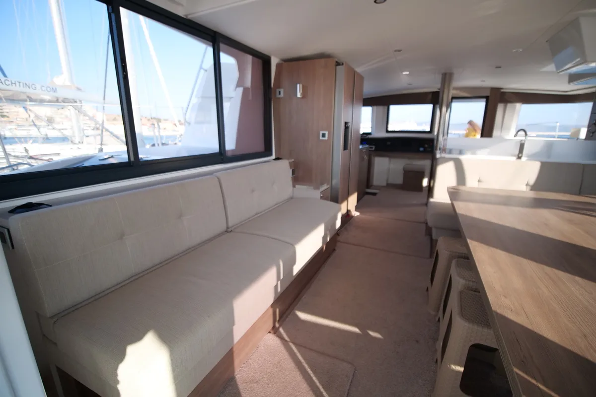 Salon of EAGLE, a Bali 4.8 catamaran at Lavreotiki Municipal Unit, Greece