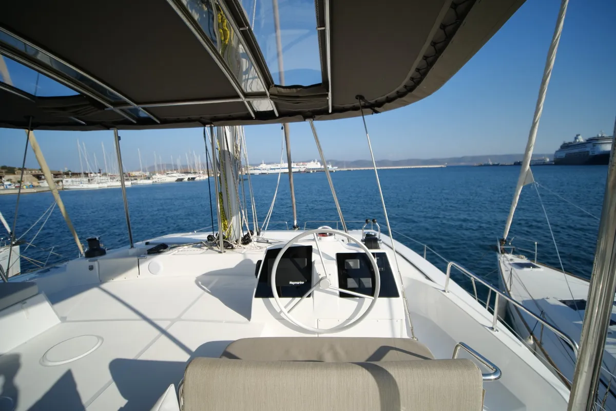 Cockpit of EAGLE, a Bali 4.8 catamaran at Lavreotiki Municipal Unit, Greece