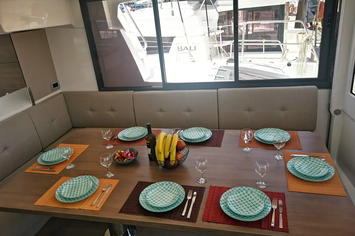 Salon of EAGLE, a Bali 4.8 catamaran at Lavreotiki Municipal Unit, Greece