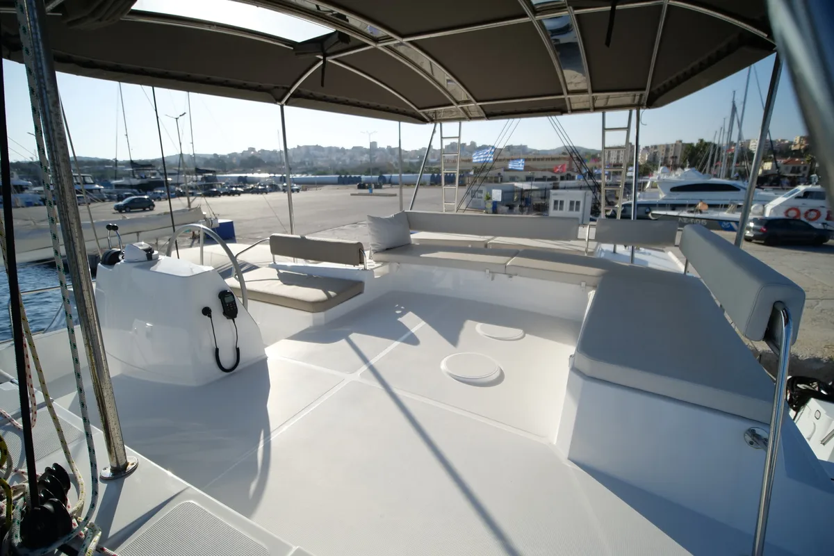 Deck of EAGLE, a Bali 4.8 catamaran at Lavreotiki Municipal Unit, Greece