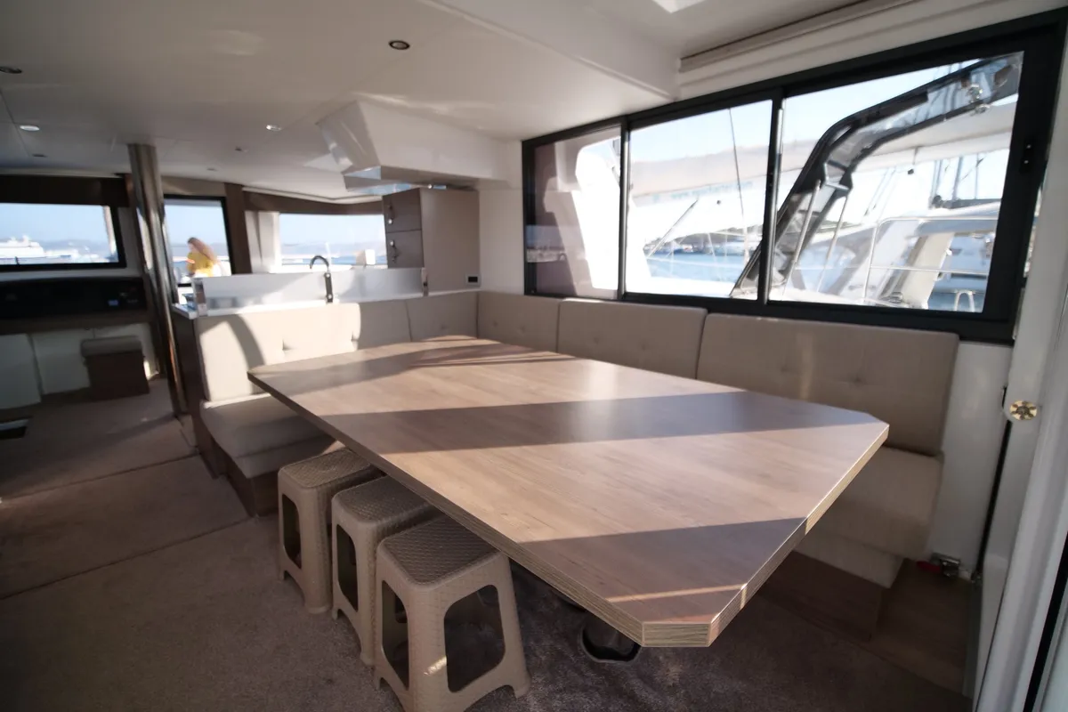 Salon of EAGLE, a Bali 4.8 catamaran at Lavreotiki Municipal Unit, Greece