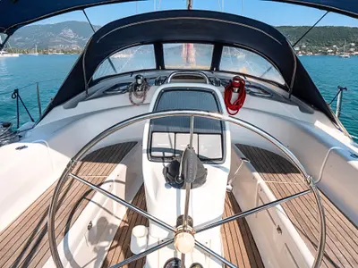 Cockpit of IONA, a Bavaria C38 sailboat at Municipal Unit of Ellomenos, Greece