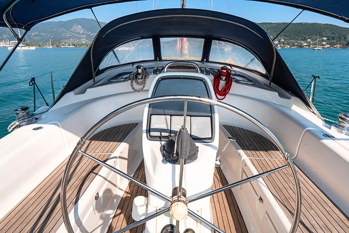 Cockpit of IONA, a Bavaria C38 sailboat at Municipal Unit of Ellomenos, Greece