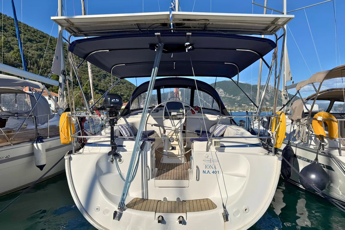 Exterior view of IONA, a Bavaria C38 sailboat at Municipal Unit of Ellomenos, Greece