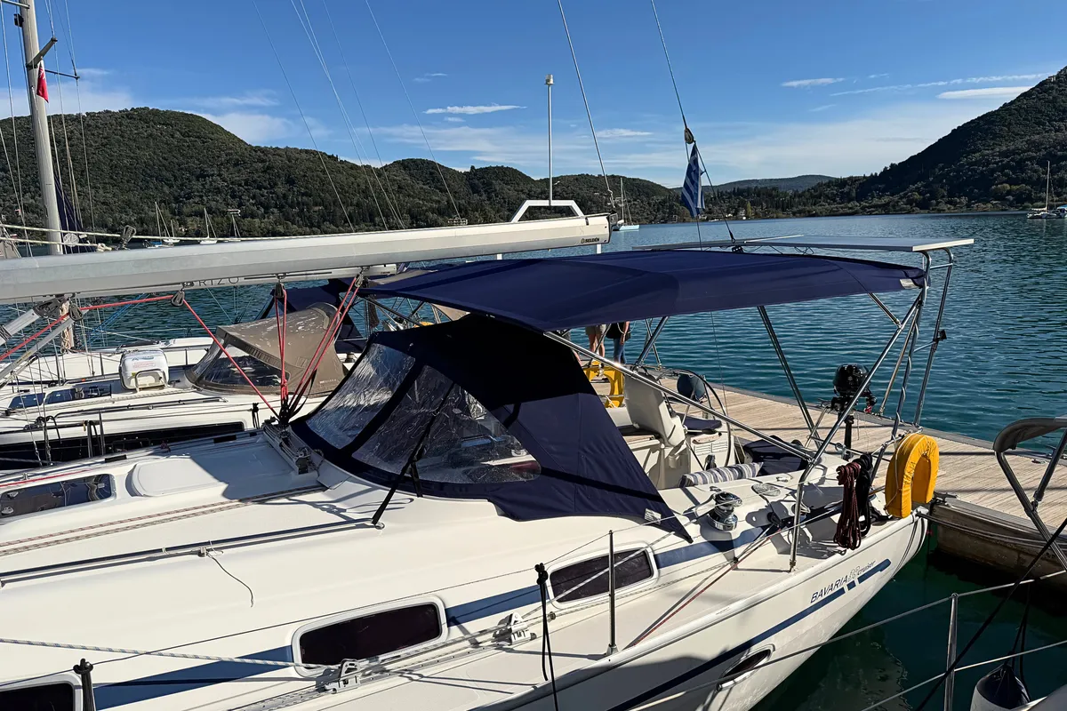 Deck of IONA, a Bavaria C38 sailboat at Municipal Unit of Ellomenos, Greece