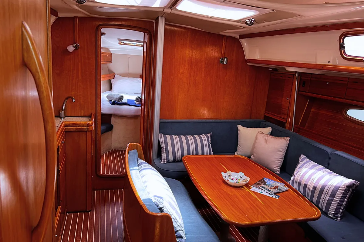 Salon of IONA, a Bavaria C38 sailboat at Municipal Unit of Ellomenos, Greece