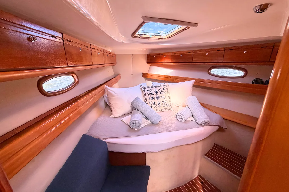 Cabin on IONA, a Bavaria C38 sailboat at Municipal Unit of Ellomenos, Greece