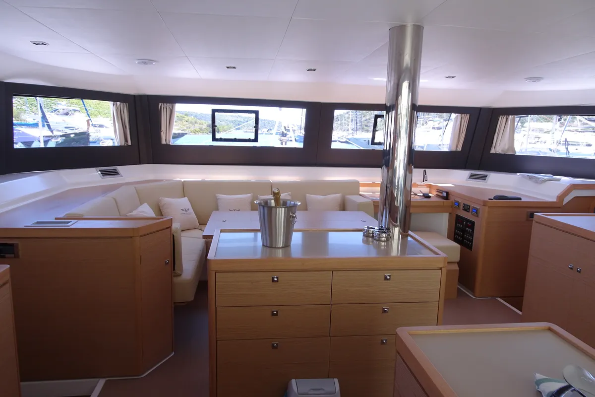 Salon of Sonia, a Dufour Catamaran 48 catamaran at Salerno, Italy