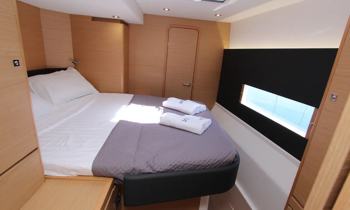 Cabin on Sonia, a Dufour Catamaran 48 catamaran at Salerno, Italy