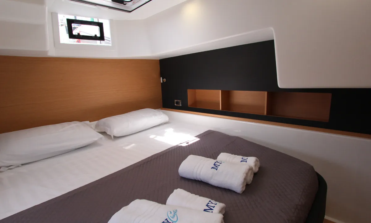 Cabin on Sonia, a Dufour Catamaran 48 catamaran at Salerno, Italy