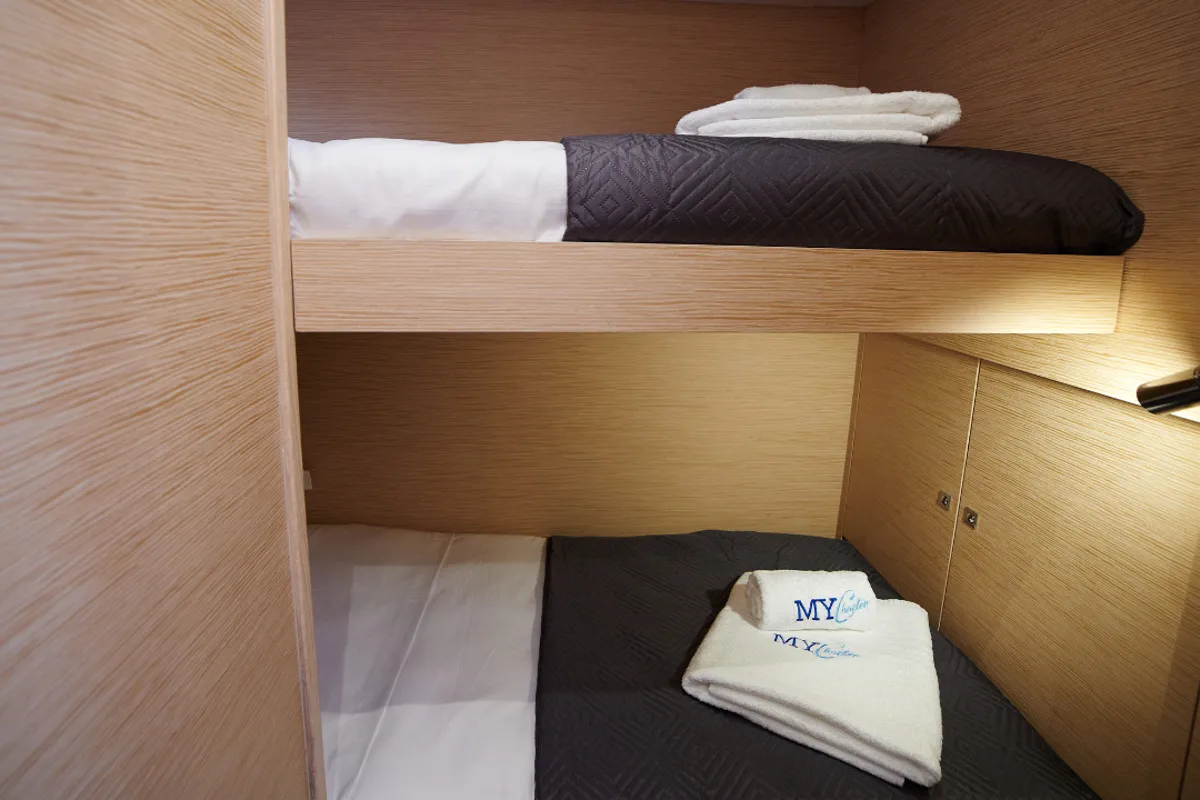 Cabin on Sonia, a Dufour Catamaran 48 catamaran at Salerno, Italy