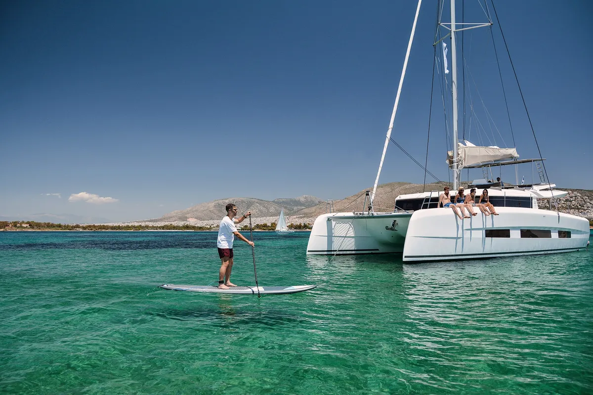 Exterior view of Sonia, a Dufour Catamaran 48 catamaran at Salerno, Italy