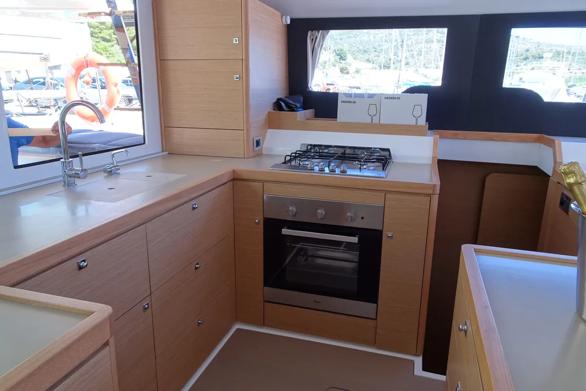 Galley of Sonia, a Dufour Catamaran 48 catamaran at Salerno, Italy