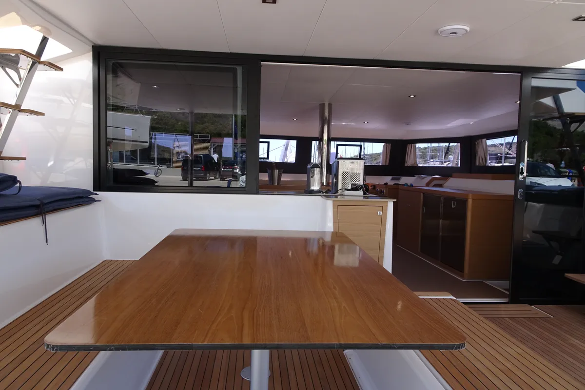 Deck of Sonia, a Dufour Catamaran 48 catamaran at Salerno, Italy