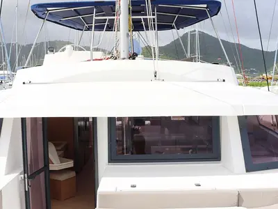 Cockpit of Schrödinger's, a Bali 5.4 catamaran at Road Town, British Virgin Islands