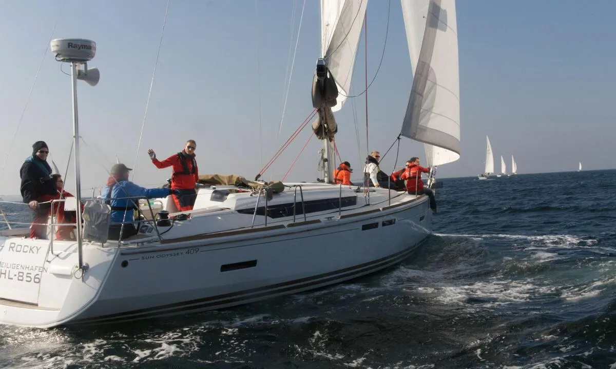 Exterior view of Rocky, a Jeanneau Sun Odyssey 409 sailboat at Flensburg, Germany