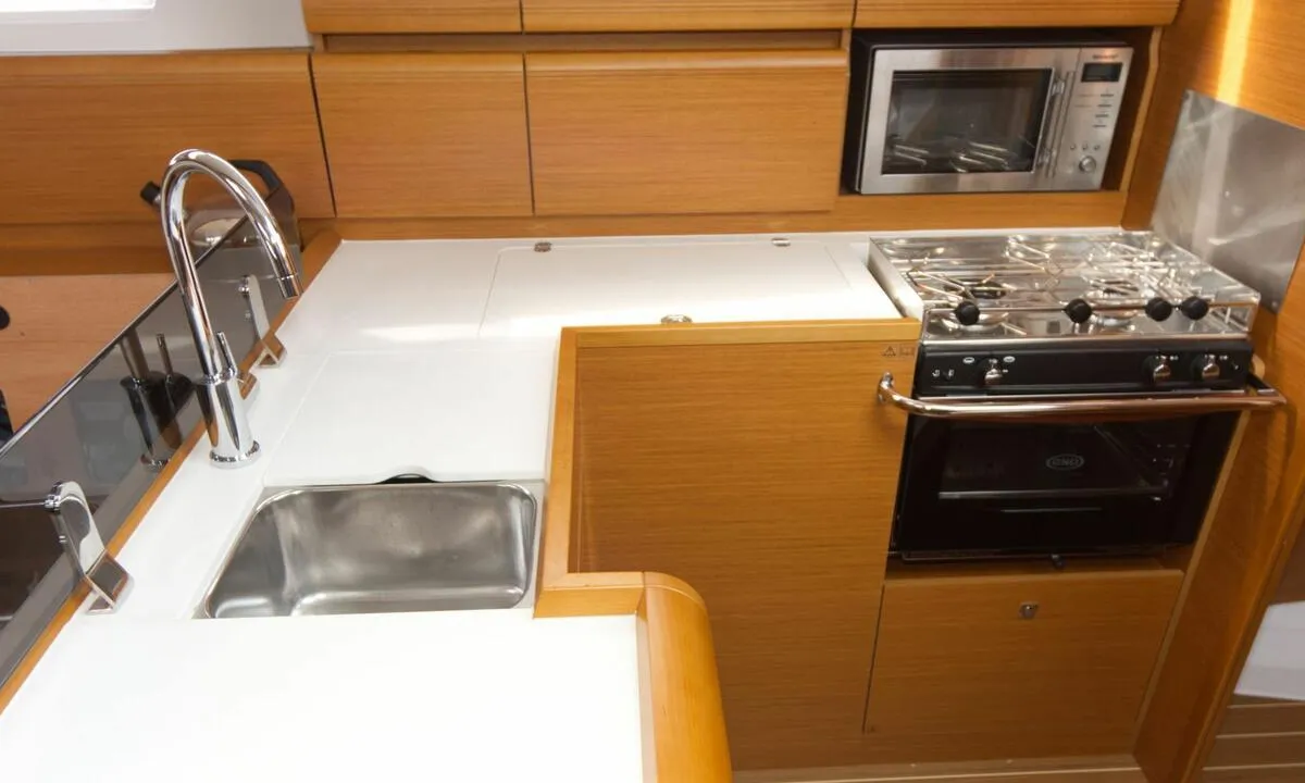 Galley of Rocky, a Jeanneau Sun Odyssey 409 sailboat at Flensburg, Germany