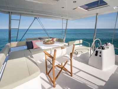 Cockpit of Noni, a Bali 4.6 catamaran at Lavrion, Greece